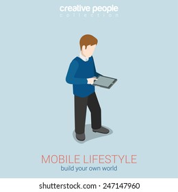 Mobile lifestyle flat 3d web isometric infographic concept vector. Man touching tablet blank screen. Build your own world creative people collection.