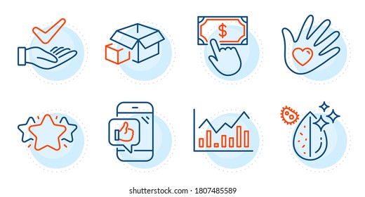 Mobile like, Dirty water and Payment click signs. Star, Dermatologically tested and Packing boxes line icons set. Social responsibility, Infochart symbols. Favorite, Organic. Business set. Vector