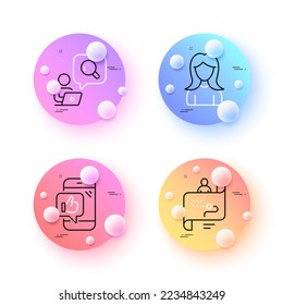 Mobile like, Journey path and Woman minimal line icons. 3d spheres or balls buttons. Inspect icons. For web, application, printing. Phone thumbs up, Project process, Girl profile. Search info. Vector