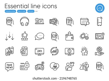 Mobile like, Photo location and User notification line icons. Collection of Parking app, Wallet, Rating stars icons. Calendar, Euler diagram, Search employee web elements. Parking. Vector