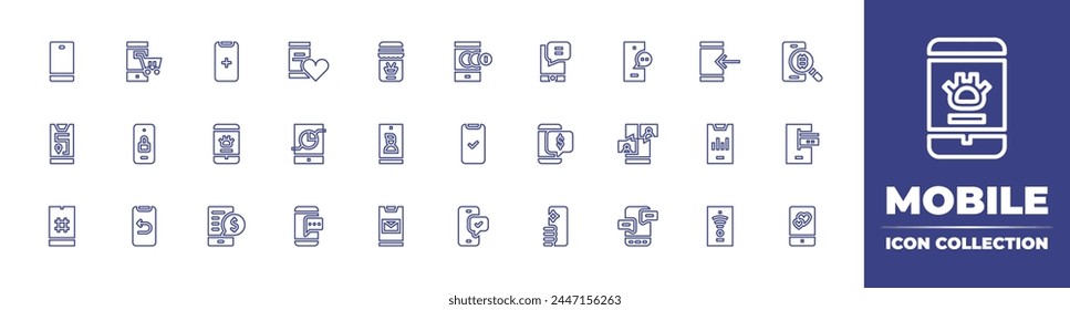 Mobile line icon collection. Editable stroke. Vector illustration. Containing phone, hashtag, take a picture, online payment, back, done, route, pet care, discount, mail, padlock, chat, analysis.