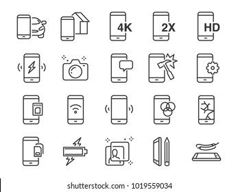 Mobile line icon set. Included the icons as smartphone, memory, battery, filter, screen, power, charger and more.