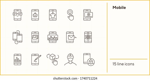 Conjunto de iconos de línea móvil. Concepto tecnológico. Las ilustraciones vectoriales se pueden utilizar para temas como internet, tecnología moderna, sistemas informáticos
