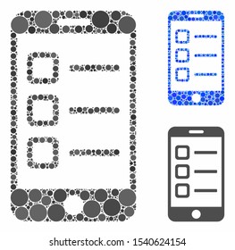 Mobile list mosaic of small circles in variable sizes and color tones, based on mobile list icon. Vector filled circles are composed into blue collage.