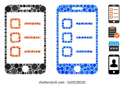 Mobile list mosaic of spheric dots in various sizes and color tones, based on mobile list icon. Vector dots are united into blue mosaic. Dotted mobile list icon in usual and blue versions.