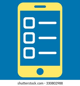 Mobile List vector icon. Style is bicolor flat symbol, yellow and white colors, rounded angles, blue background.