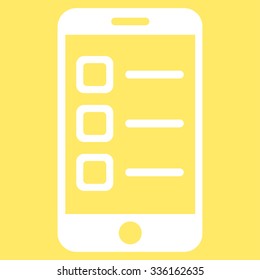 Mobile List vector icon. Style is flat symbol, white color, rounded angles, yellow background.