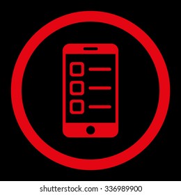 Mobile List vector icon. Style is flat rounded symbol, red color, rounded angles, black background.