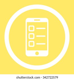 Mobile List vector icon. Style is flat rounded symbol, white color, rounded angles, yellow background.