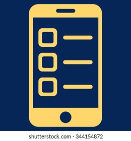 Mobile List vector icon. Style is flat symbol, yellow color, rounded angles, blue background.