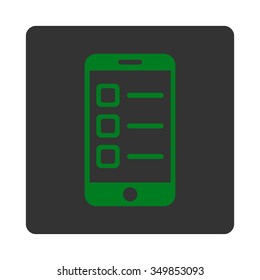 Mobile List vector icon. Style is flat rounded square button, green and gray colors, white background.