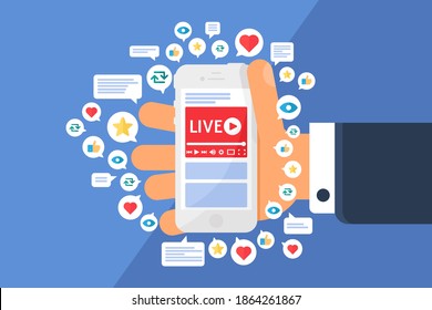 Mobile live stream and additional features concept icon. Man shows online broadcast on screen. Smartphone in hand semi flat cartoon drawing. Vector isolated color illustration on blue background