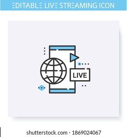 Icono de línea de transmisión en vivo móvil. Streaming de video en línea. Blogueo y transmisión. Transmisión por Internet, contenido, video comercial. Ilustración vectorial aislada. Trazo editable 