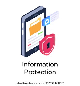 Mobile with lock denoting isometric icon of information protection 

