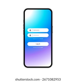 Mobile login screen interface with username and password form on smartphone mockup. UI design with gradient background. Transparent background PNG file suitable for apps, websites