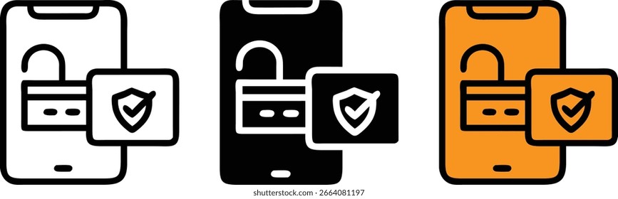 Mobile Login Security Icon Set Unlock Shield Password Vetor Preto Branco Laranja