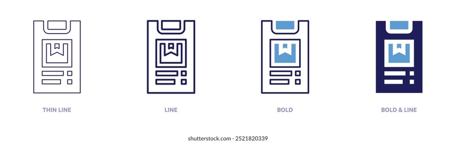 Ícone logístico móvel em 4 estilos diferentes. Linha fina, Linha, Negrito e Linha Negrito. Estilo duotônico. Traçado editável.