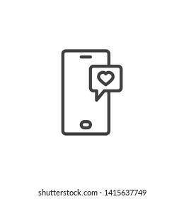 Mobile love chat message line icon. linear style sign for mobile concept and web design. Mobile phone with heart speech bubble outline vector icon. Symbol, logo illustration. Vector graphics