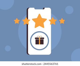 Mobile loyalty program, App rewards illustration. Gamification concept with mobile phone with five star rating and gift icon on screen. Customer loyalty mobile app points system vector icon