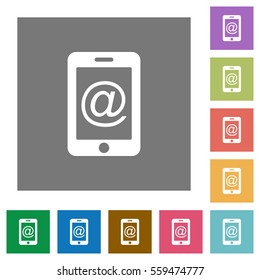 Mobile mailing flat icons on simple color square backgrounds