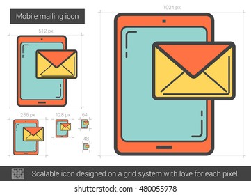 Icono de línea vectorial de correo móvil aislado en fondo blanco. Icono de línea de correo móvil para infografía, sitio web o aplicación. Icono escalable diseñado en un sistema de cuadrícula.