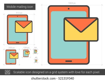 Mobile mailing vector line icon isolated on white background. Mobile mailing line icon for infographic, website or app. Scalable icon designed on a grid system.