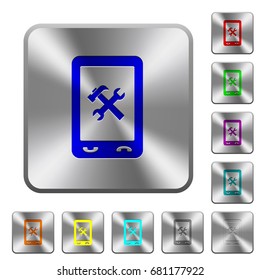 Mobile maintenance engraved icons on rounded square glossy steel buttons