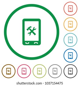Mobile maintenance flat color icons in round outlines on white background