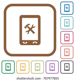 Mobile maintenance simple icons in color rounded square frames on white background
