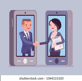 Mobile Male And Female Deal, Commercial Business Agreement. Contract Signing, Handshake Via Smartphone, Modern Safe Technology And Successful Formal Cooperation. Vector Flat Style Cartoon Illustration