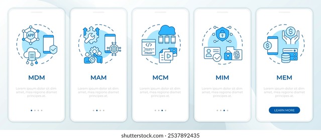 Pantalla azul del App móvil de incorporación de las plataformas de gestión móvil. Instrucciones gráficas editables de 5 pasos con conceptos lineales. PLANTILLA UI, UX, GUI