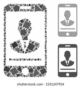 Mobile manager contact composition of rough items in variable sizes and color tones, based on mobile manager contact icon. Vector raggy items are organized into composition.