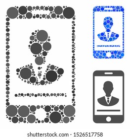 Mobile manager contact mosaic for mobile manager contact icon of spheric dots in different sizes and shades. Vector dots are organized into blue mosaic.