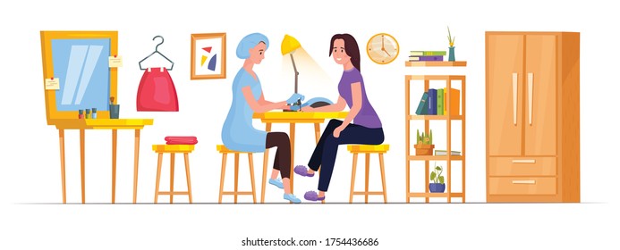 Mobile manicurist doing nails of her client sitting on a chair. Happy woman getting a manicure at home. House-call service. Vector illustration in a flat cartoon style isolated on white background.