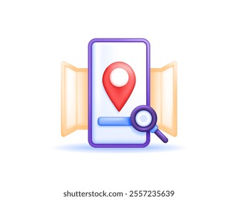 mobile map application concept. search for an address or destination location. illustration of a smartphone with a location symbol, map paper, and magnifying glass. symbol or icon. minimalist 3d style