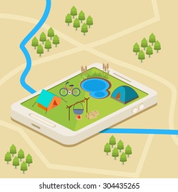 A mobile map of a campsite. An isometric mobile map showing a campsite with a river and a lake