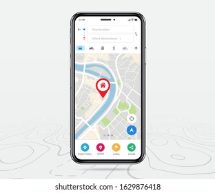 Mobile map gps, Smartphone map application and red pinpoint on screen, App search map navigation, isolated on line maps background, Vector illustration for graphic design