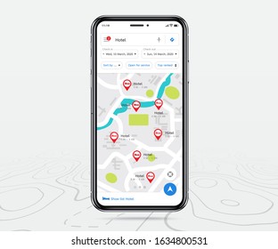 Mobile Map Gps, Smartphone Map Application And Red Pinpoint On Screen, App Search Map Navigation, Isolated On Line Maps Background, Vector Illustration For Graphic Design