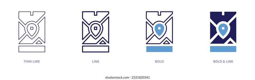 Mobile map icon in 4 different styles. Thin Line, Line, Bold, and Bold Line. Duotone style. Editable stroke.
