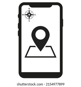 Icono de mapa móvil. Icono de gps móviles. Smartphone con mapa de la ciudad y marcador. Ilustración del vector