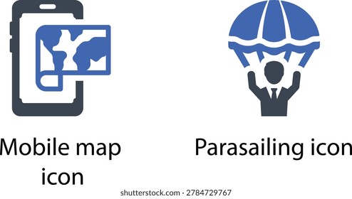 Mobile map icon with parasailing silhouette vector graphic illustration
