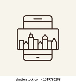 Mobile map line icon. City landscape and mobile screen on white background. Mobile app concept. Vector illustration can be used for topics like technology, modern world, gadget
