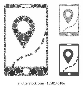 Mobile map navigation mosaic of irregular pieces in different sizes and shades, based on mobile map navigation icon. Vector unequal pieces are grouped into collage.