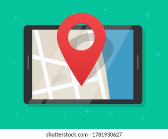 Mobile map navigator with pin pointer marker on city street road on tablet computer screen or position location online technology icon vector flat cartoon illustration isolated clipart