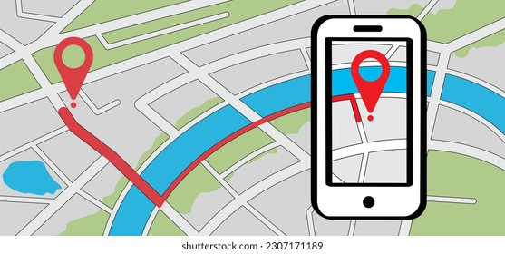 Mobile map with pin pointers. Smart phone, navigation or navigator, maps, road, direction. Pins, points mark. Pointer or point trekking route. track en trace city, street map. Markers, locator, urban.