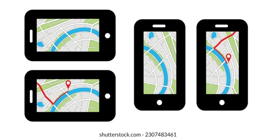 Mobile map with pin pointers. Smart phone, navigation or navigator, maps, road, direction. Pins, points mark. Pointer or point trekking route. track en trace city, street map. Markers, locator, urban.