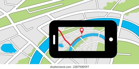 Mobile map with pin pointers. Smart phone, navigation or navigator, maps, road, direction. Pins, points mark. Pointer or point trekking route. track en trace city, street map. Markers, locator, urban.