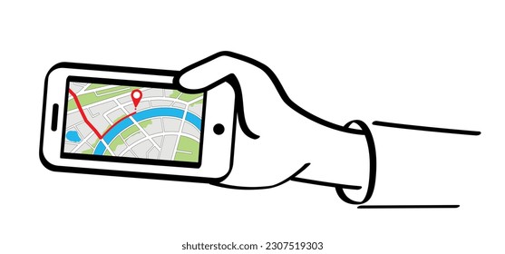 Mobile map with pin pointers. Smart phone, navigation or navigator, maps, road, direction. Pins, points mark. Pointer or point trekking route. track en trace city, street map. Markers, locator, urban.