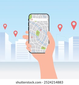 Mobile map tracking location track app on smartphone, with city background.	

