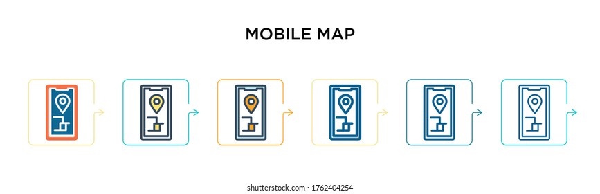 Mobile map vector icon in 6 different modern styles. Black, two colored mobile map icons designed in filled, outline, line and stroke style. Vector illustration can be used for web, mobile, ui
